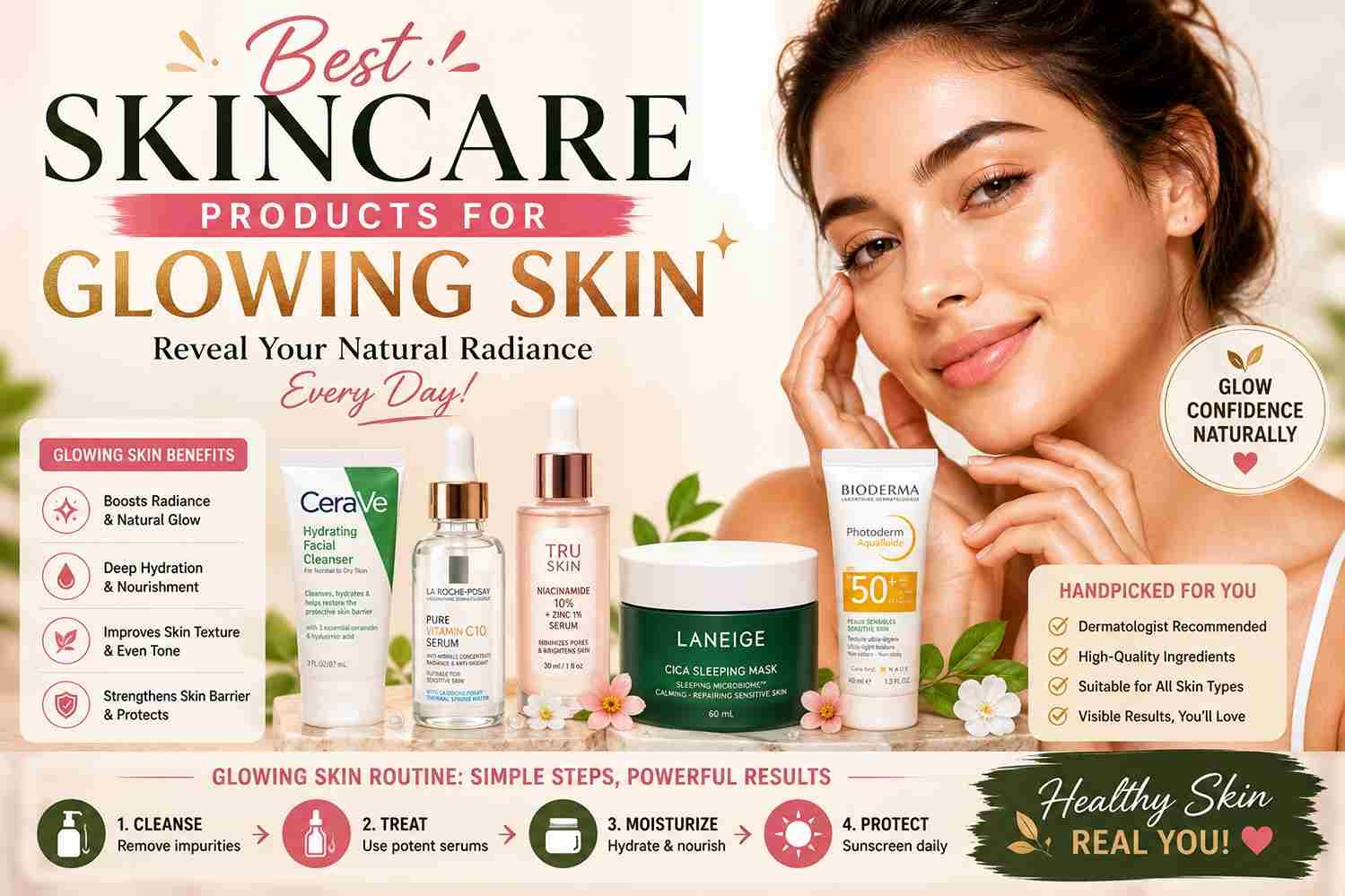 Best Skincare Products for Glowing Skin, skincare products for radiant skin, products that make your skin glow, glowing skin skincare routine, dermatologist recommended glowing skin products, best serum for glowing skin